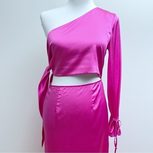 Silk Maison Hot Pink Silk Cut out Asymmetrical One Shoulder Midi Slip Dress NWT - Picture 5 of 16
